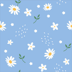 Cute Hand-Drawn Daisy and Floral Seamless Pattern on Blue Background