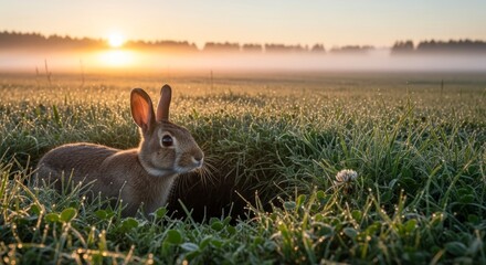 Rabbit in grassy field at sunrise with a distant hazy background