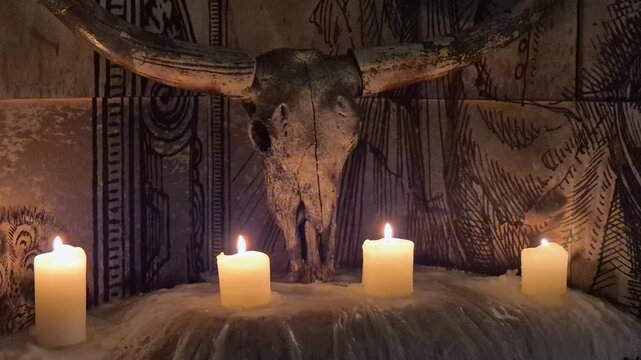 Close-up of a buffalo skull with horns surrounded by burning candles for a ritual