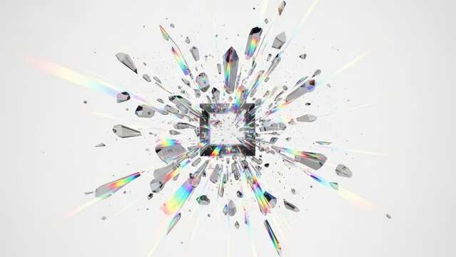 A crystal or glass square exploding into numerous sharp fragments with vibrant light refractions against a clean white background.