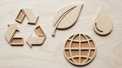 Environmental sustainability concept with wooden symbols of recycling, nature, water, and earth