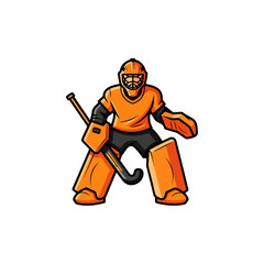 Obraz premium Cartoon Ice Hockey Goalie in Orange Gear Ready to Block Shots.