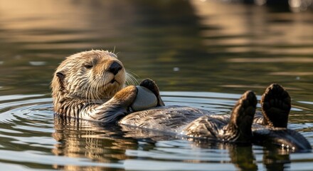 Relaxing otter floating on water surface with sunlight and ripples