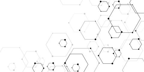Molecular structure abstract tech background. Geometric white background. Vector banner design with hexagons. Science network pattern, connecting lines and dots Medical background, Vector illustration