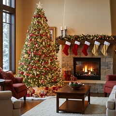 Obraz premium A cozy living room interior features a decorated Christmas tree beside a glowing fireplace with holiday ornaments, festive lights, and presents for a warm winter home celebration