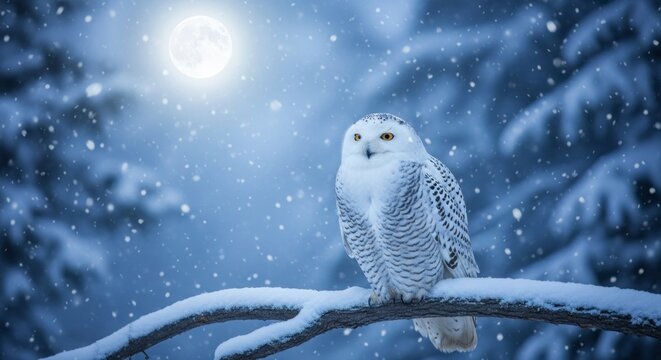 Snowy owl perched on branch under moonlight in winter landscape
