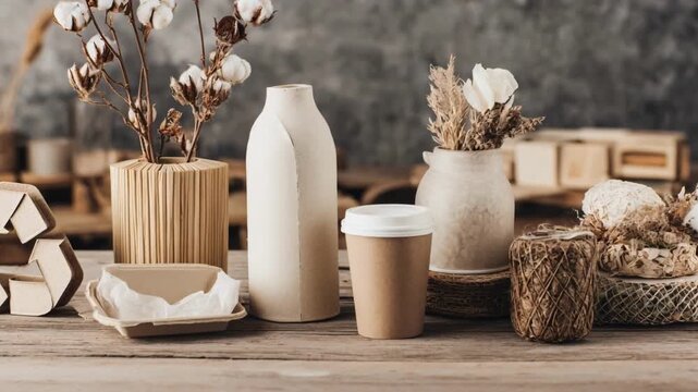 Medium shot capturing diverse sustainable packaging samplescornstarch bamboo and recycledarranged on a table representing ecoconscious product development strategies.