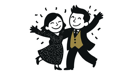 Joyful Pair Embracing Life's Celebrations: A charming illustration depicts a couple in elegant attire, joyfully dancing amidst a shower of celebratory confetti.