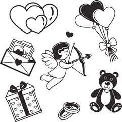 Valentine's day love wedding symbols set including heart balloons cupid teddy bear present and wedding rings in black and white outline graphic style for romantic celebration designs