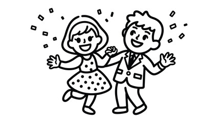 Joyful Celebration: A charming illustration depicts a celebratory scene with a cheerful couple dancing happily amidst confetti. They are embracing the moment with radiant smiles.