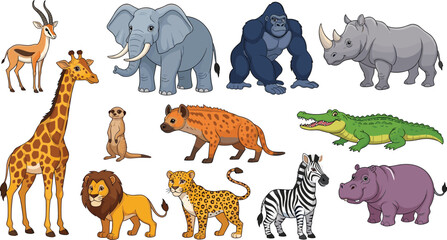 Set of Cute African Safari Animals Vector Collection, Including Lion, Elephant, Giraffe, Gorilla, and Zebra.