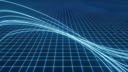 Abstract blue grid with flowing light trails creating a sense of digital movement and data flow.