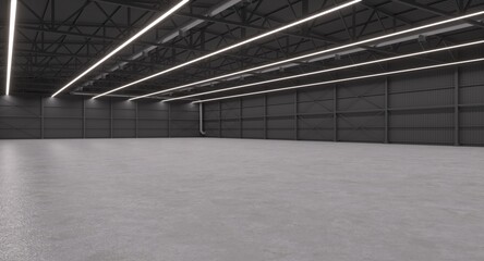 Empty dark warehouse modern interior room with clean concrete floor, black ceiling and walls, and linear ceiling lights. 3D Rendering