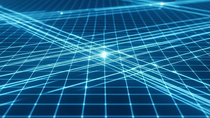 Abstract digital grid with intersecting blue light beams creating a sense of depth and connectivity.