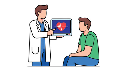 Doctor Explaining Heartbeat: A doctor, with a stethoscope around his neck, explains a heartbeat on a monitor to a patient. Demonstrating the importance of heart health in a medical setting.