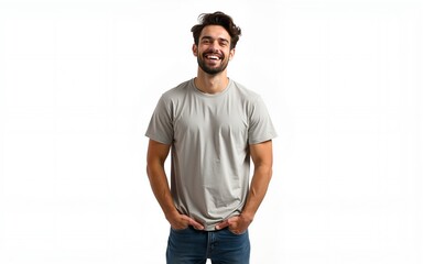 Fototapeta premium Young handsome man wearing casual t-shirt standing over isolated white background with a happy and cool smile on face. Lucky person. High quality