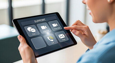 A woman's hands interacting on a tablet screen for support concept.