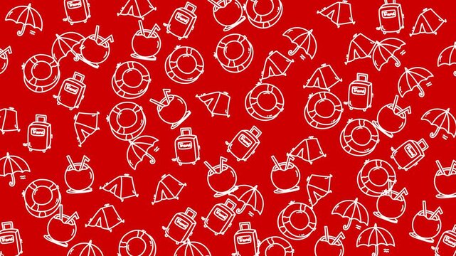 Seamless pattern with white hand-drawn travel and vacation icons like tents, luggage, and umbrellas on a red background.