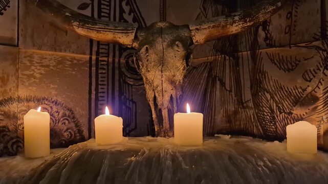 Close-up of a buffalo skull with horns surrounded by burning candles for a ritual