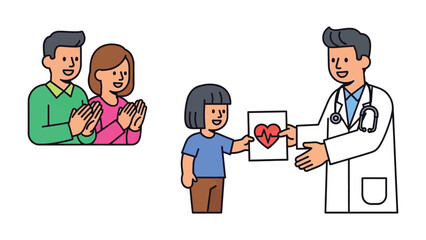 Healthcare Harmony: A young patient happily receives a positive diagnosis from a medical expert, witnessed by supportive family, symbolizing hope, reassurance, and shared well-being.