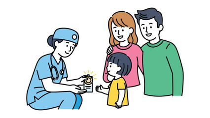 Wellness Consultation: A nurturing consultation unfolds, with a caring healthcare provider presenting medication or advice to a family.