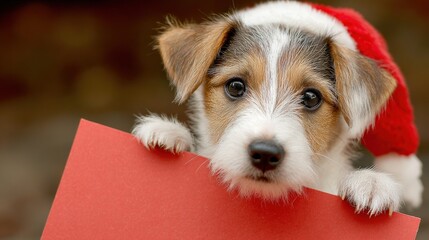 Adorable small canine wearing a festive cap holding a blank crimson card
