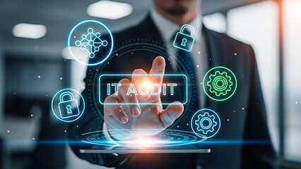 A business man using a virtual IT audit concept for cyber security.