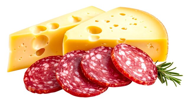 Sliced yellow cheese & pepperoni slices arranged with a rosemary sprig against a white background
