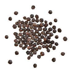 Scattered black peppercorns on a transparent background.
