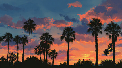 Naklejka premium Palm trees silhouetted against a vibrant sunset sky