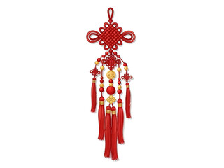 Elegant Red Chinese Knot Ornament Isolated on White Background, Symbolizing Good Fortune and Prosperity
