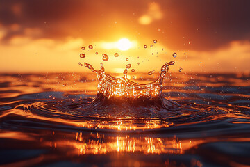 Fiery sunset light reflects on a calm sea as a dramatic water splash rises in sharp detail, sending luminous droplets into the air and creating glowing ripples.