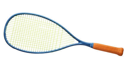 Isolated squash racquet with yellow strings and blue frame on simple background, sporty activity