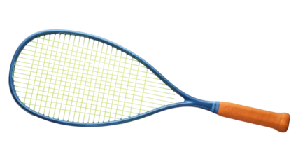 Isolated squash racquet with yellow strings and blue frame on simple background, sporty activity