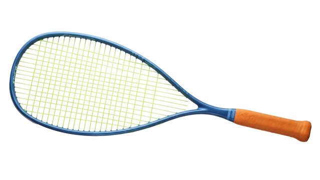 Isolated squash racquet with yellow strings and blue frame on simple background, sporty activity