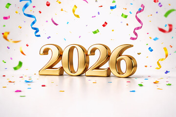 Bright white background with colorful confetti falling around bold 3D “2026” numbers