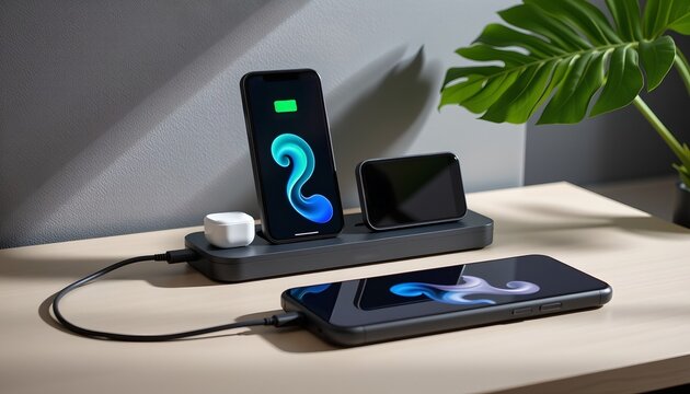 Multiple devices charging on a shared charging station.