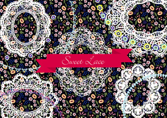 花柄のパターンとレース　デザイン素材