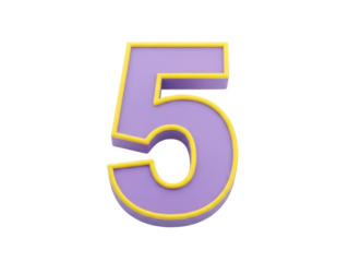 Isolated purple number five with yellow edging, numerical symbol for design element