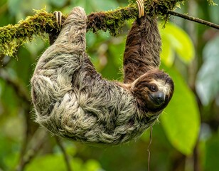 Fototapeta premium Sloth hangs upside down from a mossy branch, surrounded by lush green foliage in its tropical habitat
