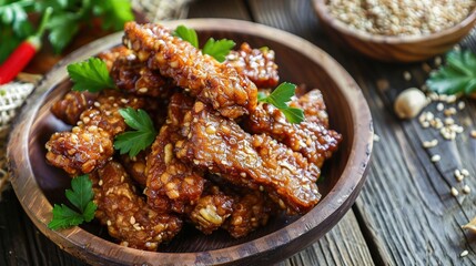 Fototapeta premium Savor the Nutritious Goodness of Tempeh – Indonesia’s Iconic Fermented Soy Delicacy, Where Earthy Flavor, Chewy Texture, and Plant-Based Protein Elevate Global Meals