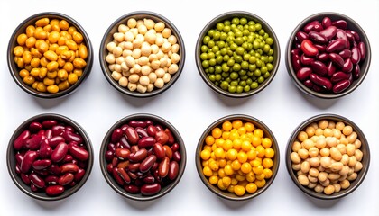 Assorted Bowls of Colorful Dried Legumes Isolated on White Background
