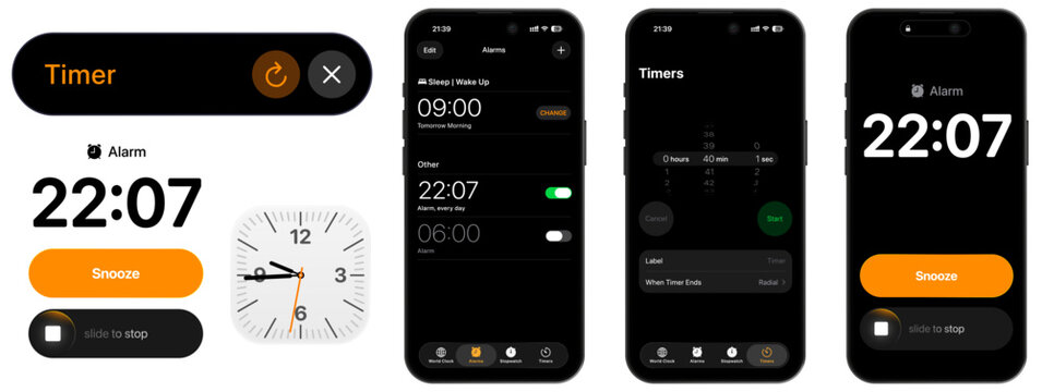 iPhone Clock app UI screen vector design showing World Clock, Alarms, Stopwatch and Timer pages, updated for iOS 26 in 2026, displayed on iPhone 17 Pro with modern interface.