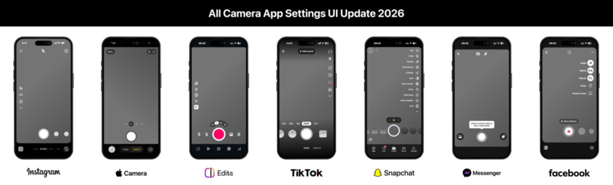 All camera app settings UI update 2026 featuring Messenger, Facebook, Edits, Snapchat, TikTok, Instagram and Apple Camera interfaces, shown on iPhone 17 Pro with transparent background in an editorial