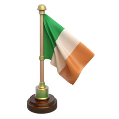 Small irish flag on a wooden stand isolated on transparent background