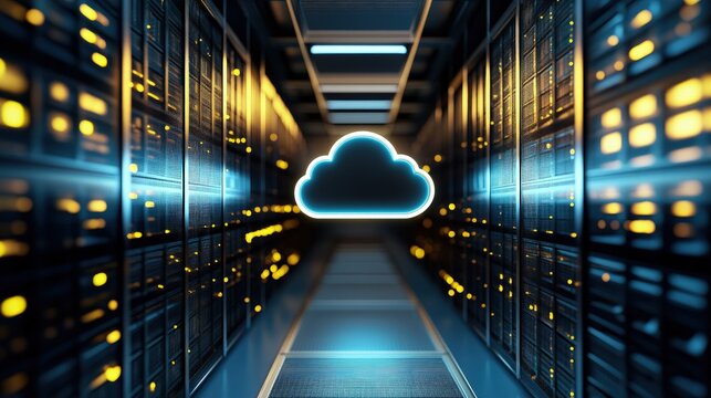 Futuristic data center corridor with glowing cloud icon, AI cloud computing infrastructure and secure server environment, perfect for cloud services, IT platforms, data storage