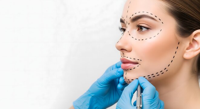 Cosmetic surgeon marking female face before plastic surgery procedure, illustrating aesthetic planning, facial contouring, beauty enhancement, medical aesthetics, and cosmetic treatment preparation 