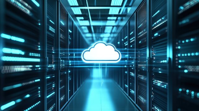 Futuristic data center corridor with glowing cloud icon, AI cloud computing infrastructure and secure server environment, perfect for cloud services, IT platforms, data storage