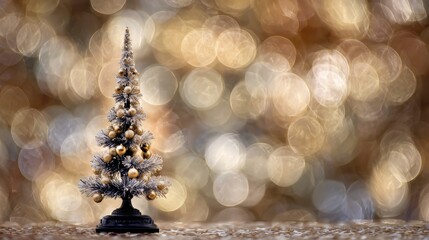Miniature holiday fir stands before a backdrop of shimmering golden light circles