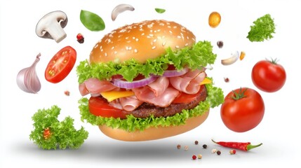 A mouth-watering hamburger with juicy ingredients and spices, floating in a dynamic composition.